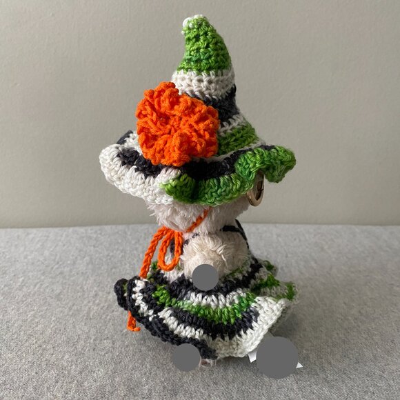 Handmade Crochet Halloween Green Orange Witch Outfit for 17cm Doll 2-Piece Set - Picture 4 of 7